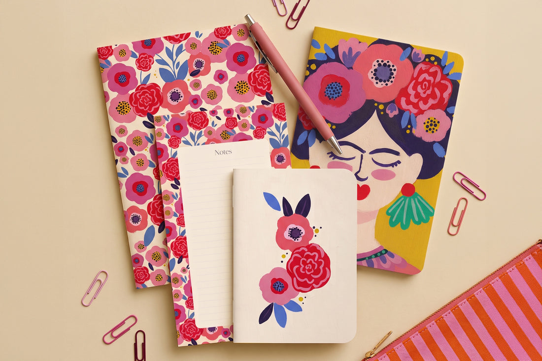 Grand pack Frida déballé à plat : carnets fleuris, carte illustrée, bloc-notes et crayons de couleur