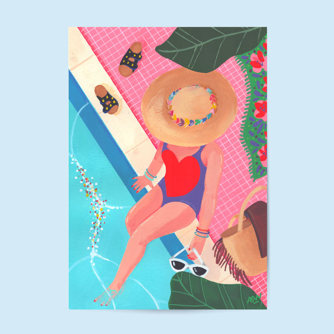 Tirage d'art Les vacances d'Émilie, illustration peinte à la main d'une femme au chapeau de paille au bord d'une piscine