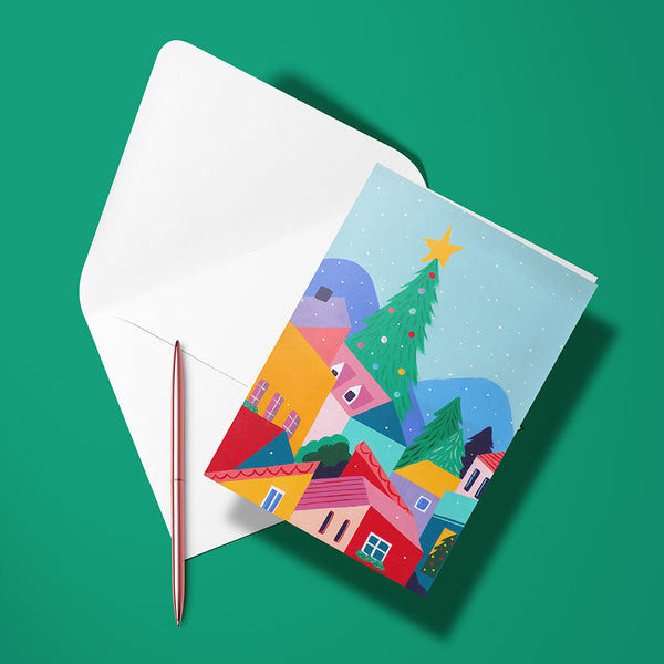 Carte pliée – Village de Noël fleuri