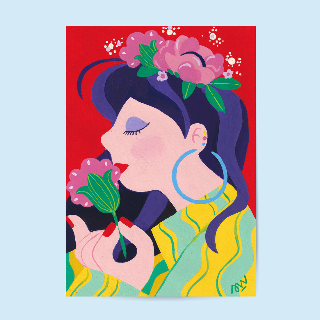 Tirage d'art Portrait Jeune Fille à la fleur, profil d'une jeune femme aux fleurs roses dans les cheveux, grande créole bleue, fond rouge