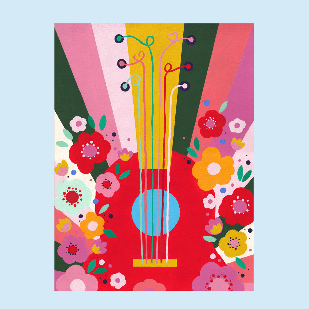 Tirage d'art Guitare Flower Power, illustration d'une guitare entourée de fleurs sur fond rouge et rayons pastel
