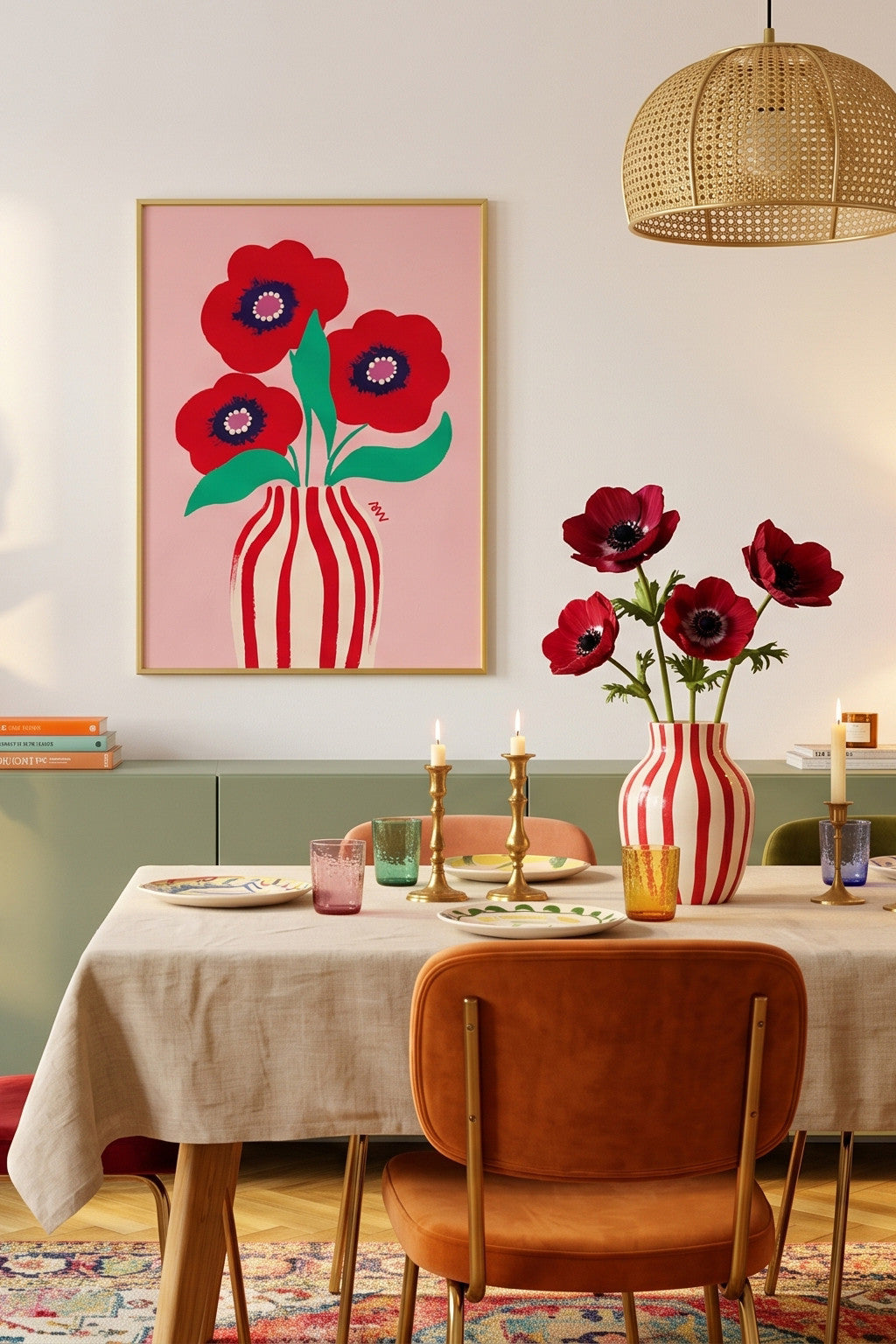 Tirage d'art Le Vase Rayé aux Coquelicots encadré au-dessus d'une table dressée, sous une suspension en rotin