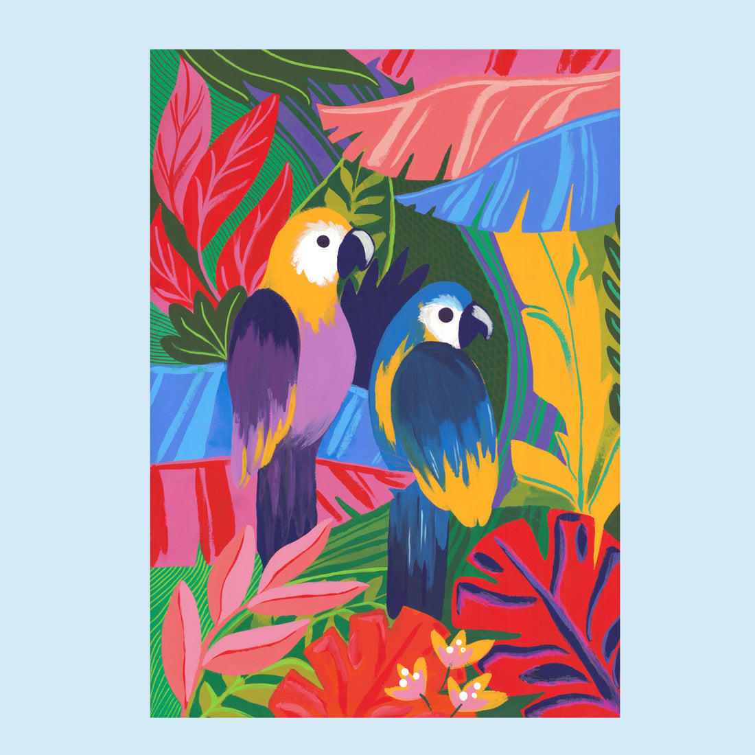 Tirage d'art Les Perroquets, illustration de deux aras bleu et jaune dans un feuillage tropical aux fleurs rouges
