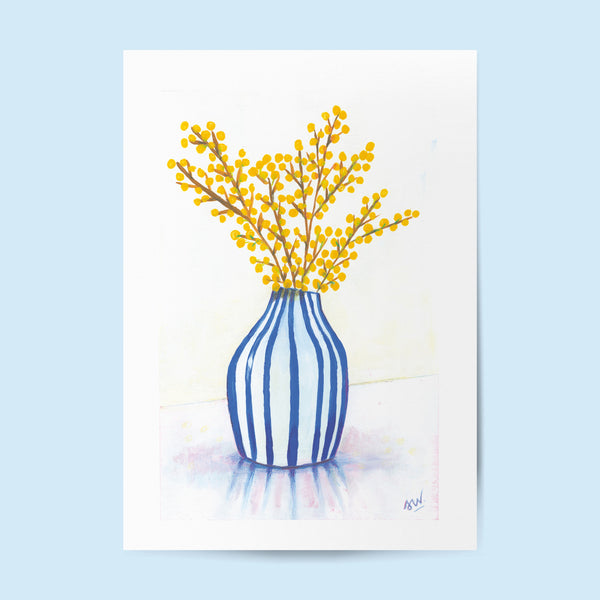 Tirage d'art Mimosa et Vase, illustration de branches de mimosa jaune dans un vase rayé bleu et blanc