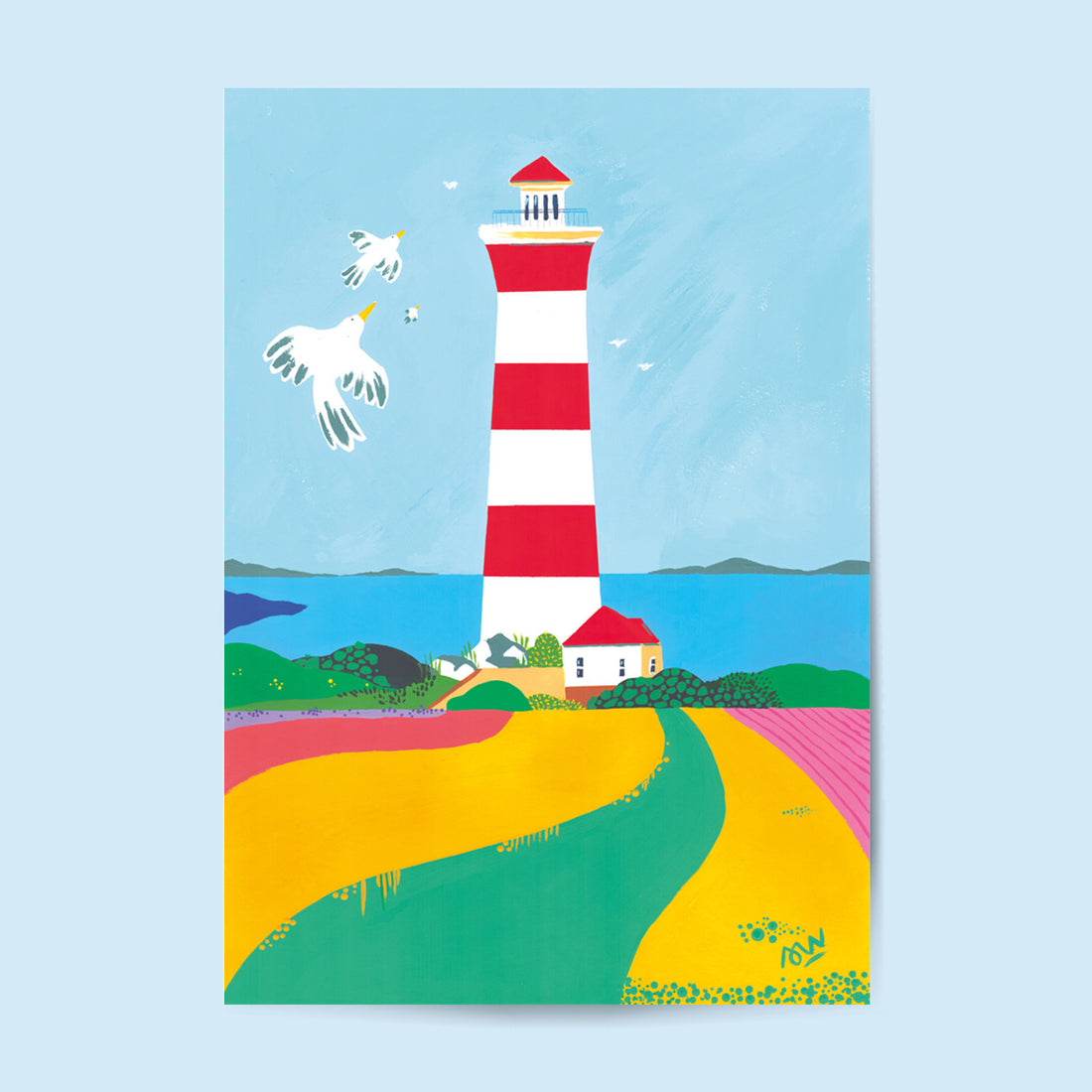 Tirage d'art Le Phare, illustration d'un phare rayé rouge et blanc et de mouettes en vol au-dessus d'un chemin jaune