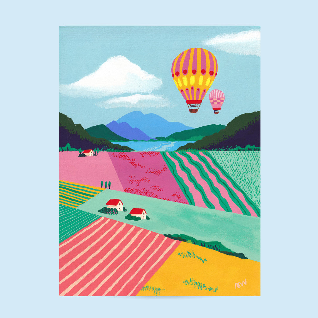Tirage d'art Voyage en montgolfière, illustration de montgolfières survolant des champs rayés roses et verts
