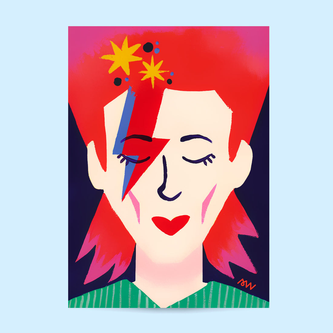 Tirage d'art David, portrait stylisé au visage barré d'un éclair rouge et bleu, chevelure rousse sur fond bleu ciel