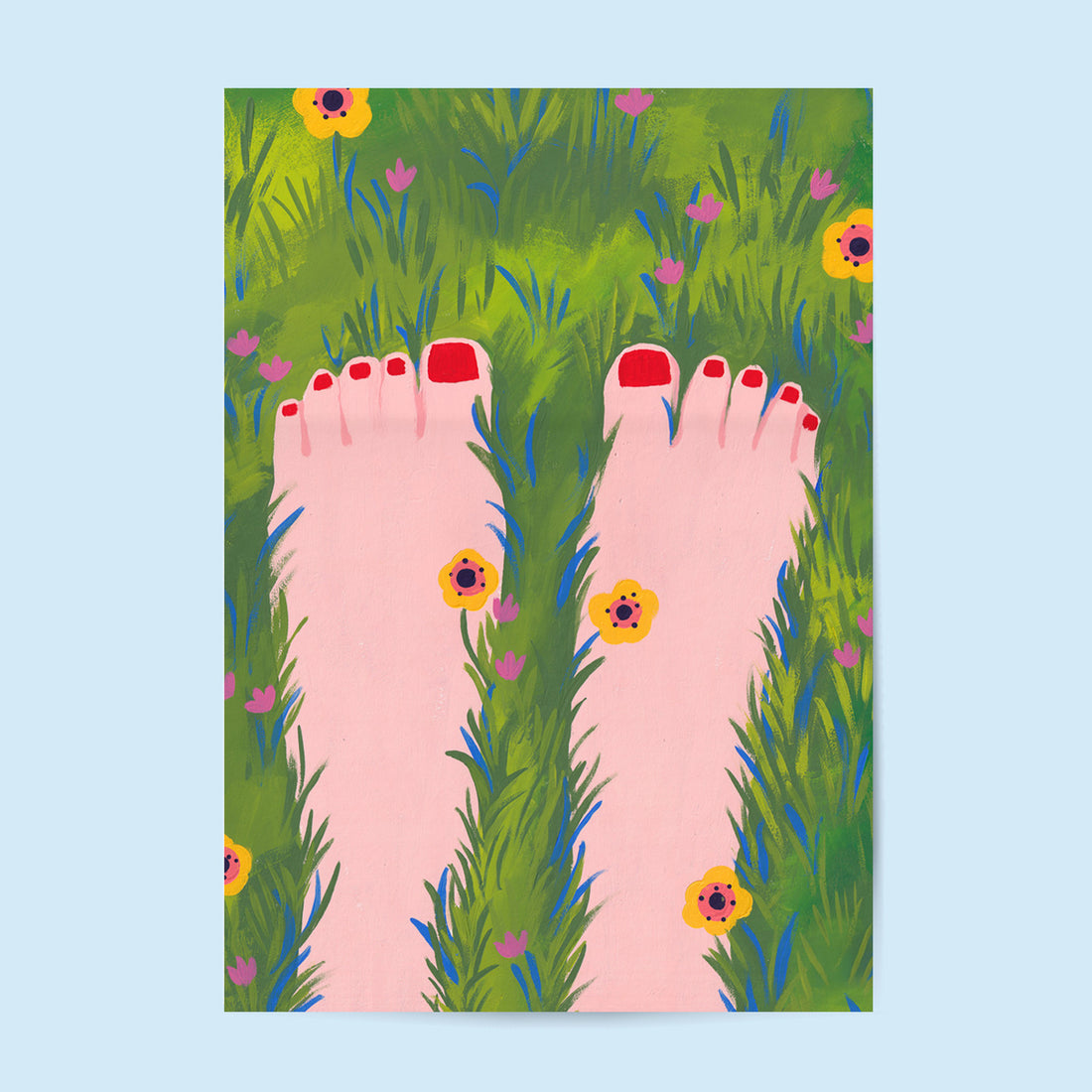 Tirage d'art Jour Printanier, illustration de deux pieds aux ongles rouges posés dans l'herbe fleurie