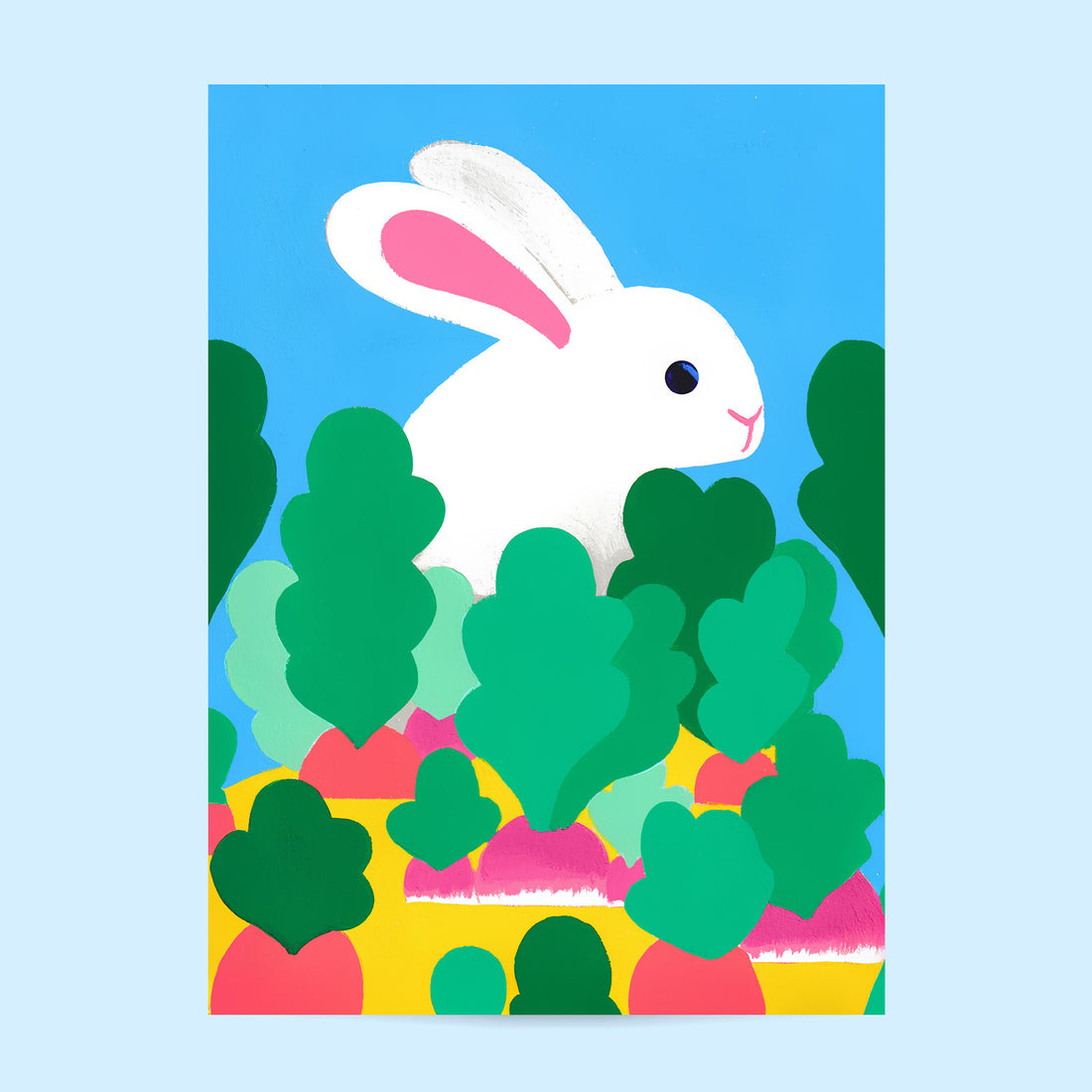 Tirage d'art Jojo le lapin de Pâques, illustration d'un lapin blanc derrière des buissons verts sur ciel bleu