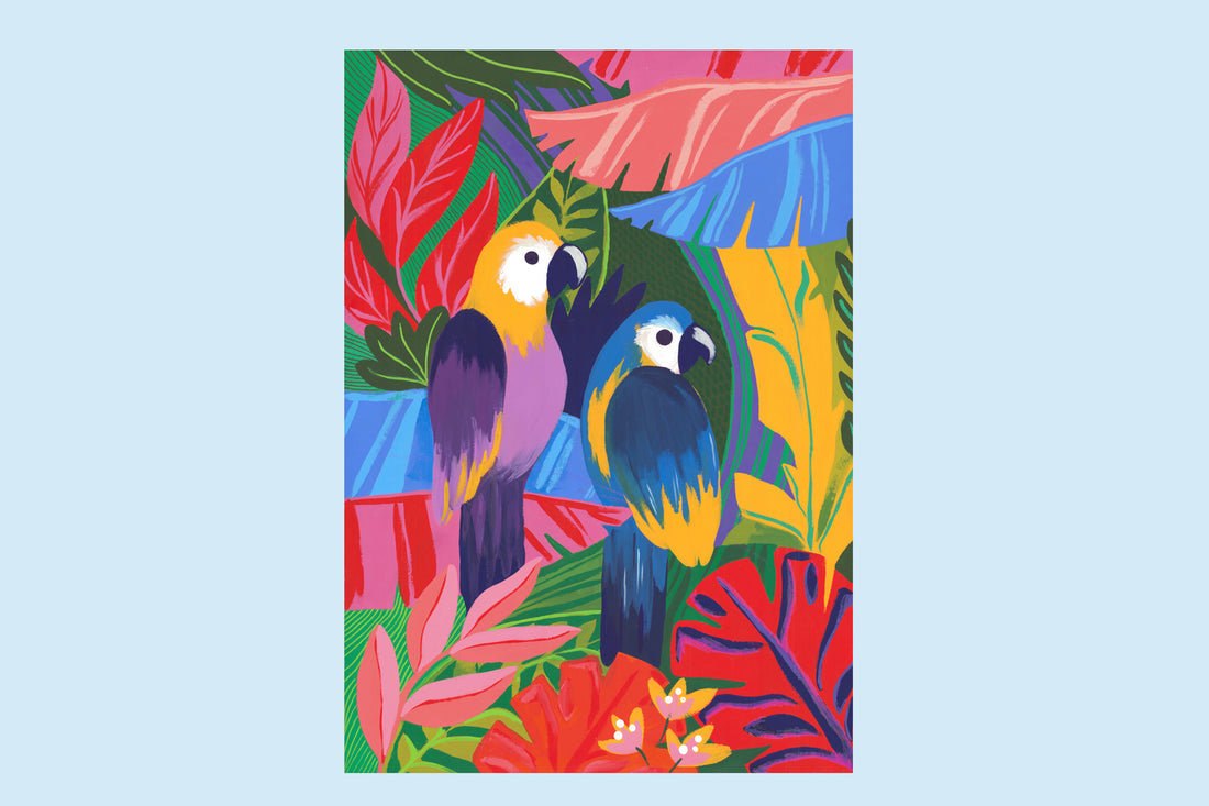 Illustration Les Perroquets du pack sauvage : deux aras dans un feuillage tropical aux fleurs rouges