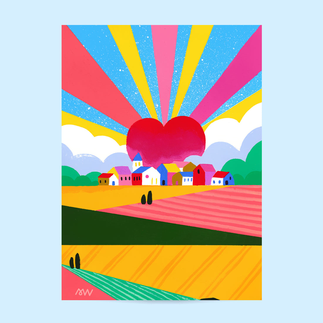 Tirage d'art Campagne mon amour, illustration peinte à la main d'un cœur rouge au-dessus d'un village et de champs colorés