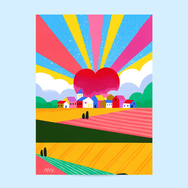 Tirage d'art Campagne mon amour, illustration peinte à la main d'un cœur rouge au-dessus d'un village et de champs colorés