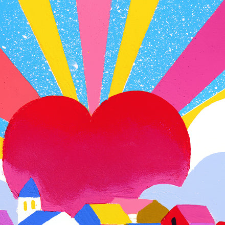 Détail du tirage d'art Campagne mon amour : le cœur rouge et les rayons colorés du ciel