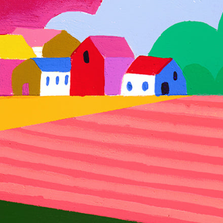 Détail du tirage d'art Campagne mon amour : les maisons du village et les champs rayés roses