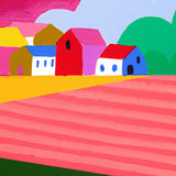 Détail du tirage d'art Campagne mon amour : les maisons du village et les champs rayés roses