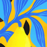 Détail du tirage d'art Citronnier fleuri : un citron jaune et le feuillage bleu sur fond safran