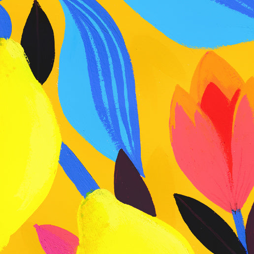 Détail du tirage d'art Citronnier fleuri : citrons et tulipes corail peints à l'acrylique