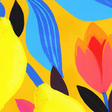 Détail du tirage d'art Citronnier fleuri : citrons et tulipes corail peints à l'acrylique