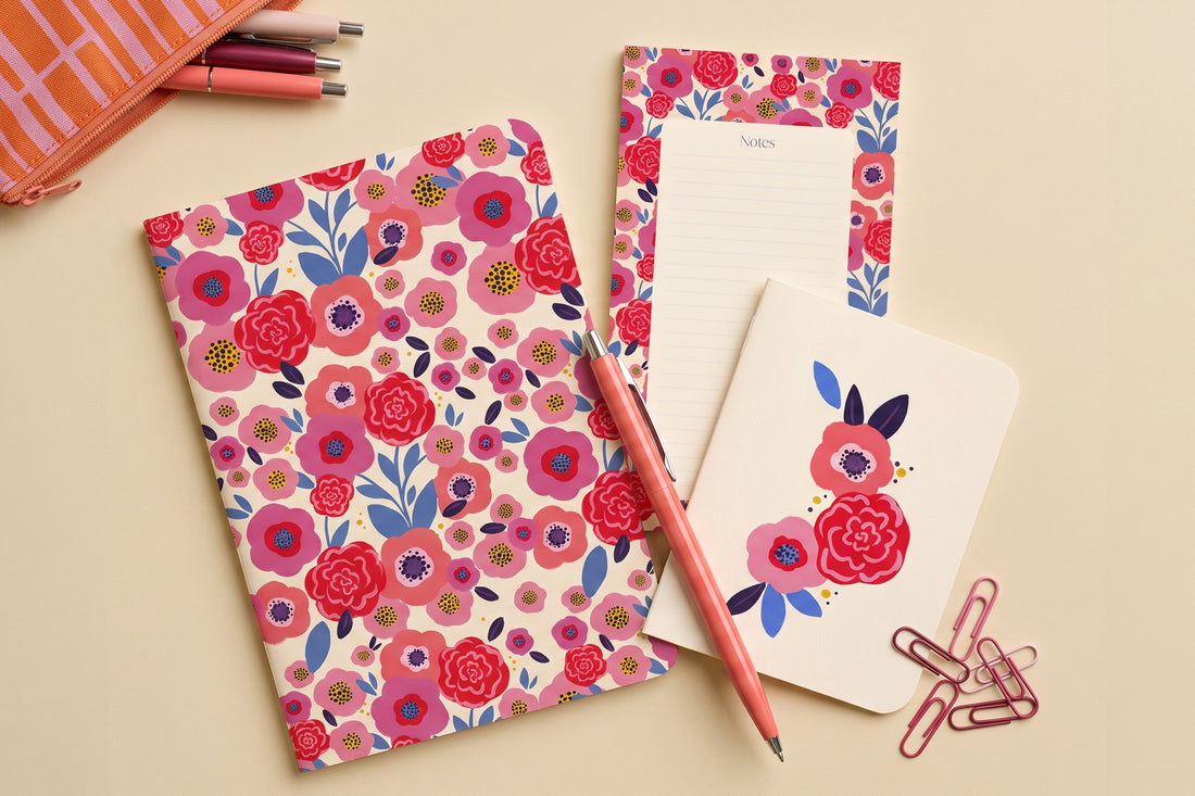 Pack Floral déballé à plat : carnet fleuri, bloc-notes, carnet de poche et crayons de couleur
