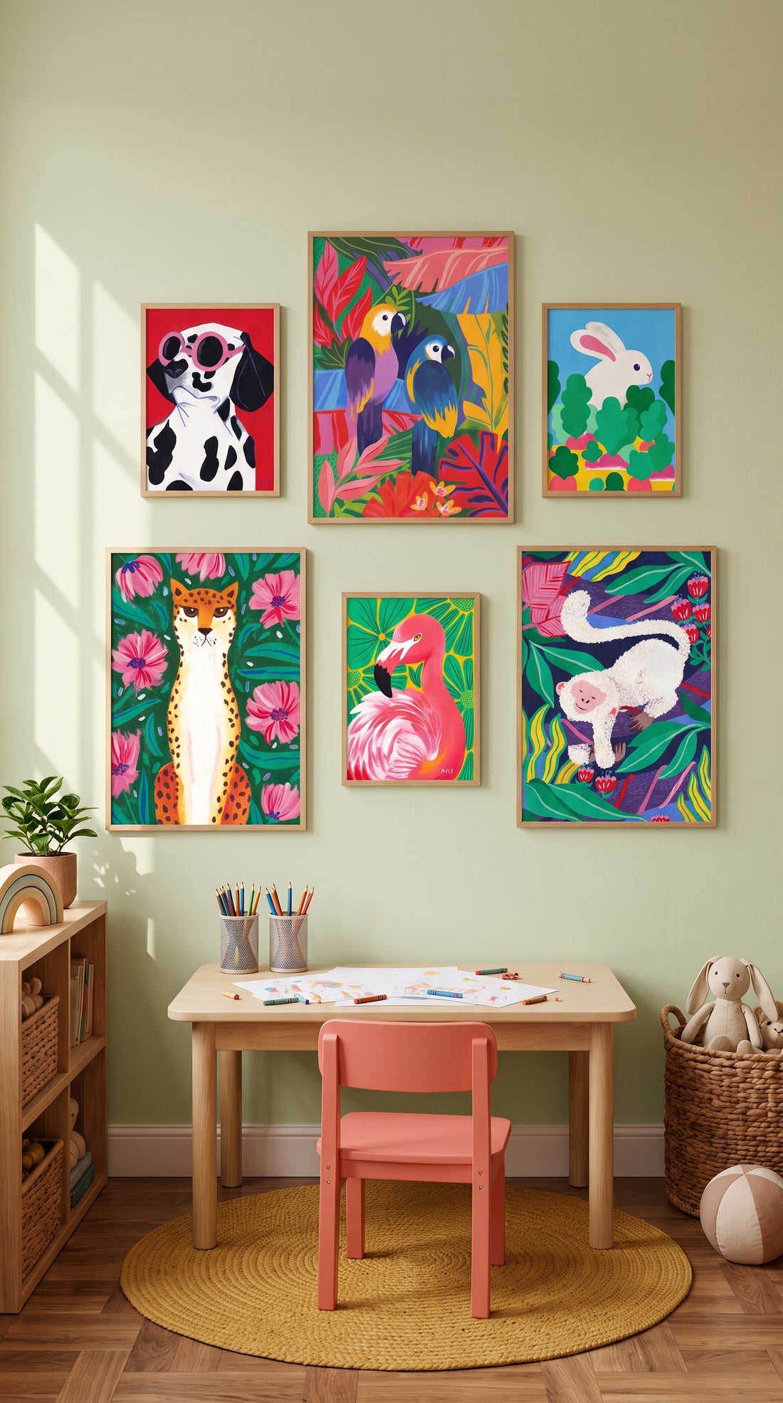 Mur de six tirages d'art encadrés dans une chambre d'enfant : dalmatien, perroquets, lapin, guépard, flamant rose et singe blanc, au-dessus d'un petit bureau