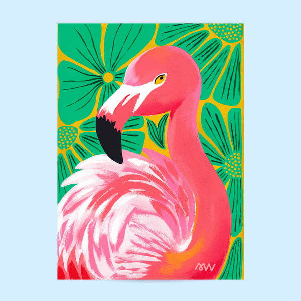 Tirage d'art Flamant rose, illustration peinte à la main d'un flamant rose sur feuillage vert et fond jaune
