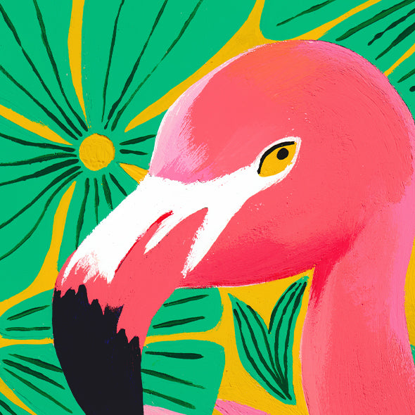 Détail du tirage d'art Flamant rose : la tête, le bec et l'œil doré peints à l'acrylique