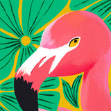 Détail du tirage d'art Flamant rose : la tête, le bec et l'œil doré peints à l'acrylique