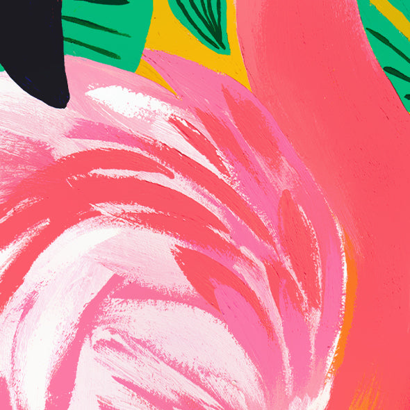 Détail du tirage d'art Flamant rose : les plumes roses peintes en larges touches