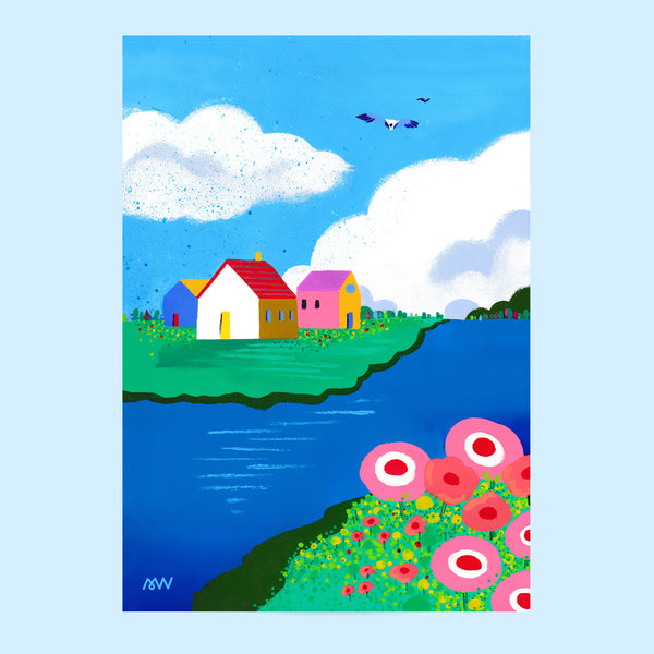 Tirage d'art Maisons sur la rive, illustration peinte à la main de maisons colorées au bord de l'eau sous un ciel bleu
