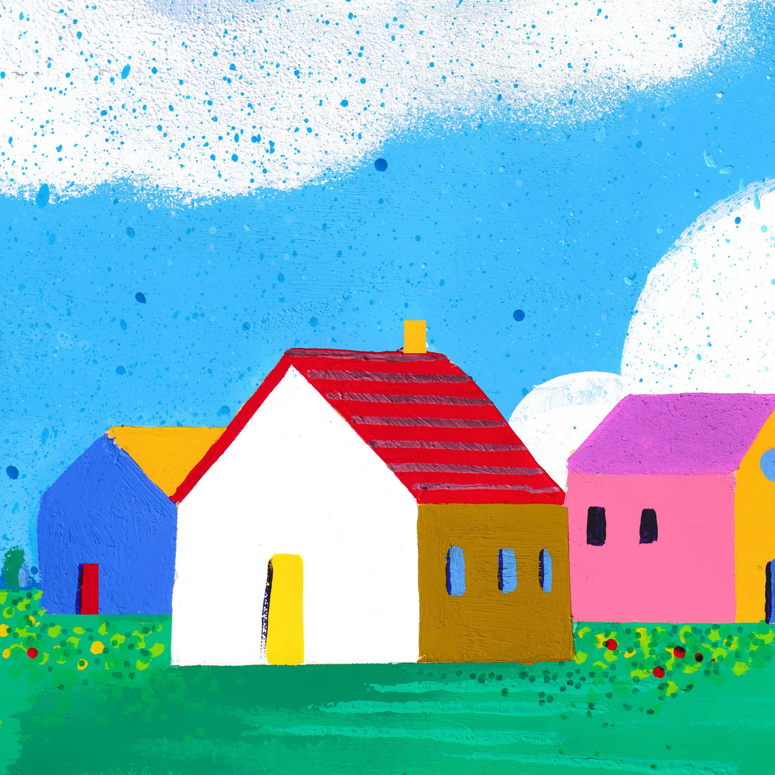 Détail du tirage d'art Maisons sur la rive : les maisons colorées et la prairie fleurie sous le ciel bleu