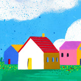 Détail du tirage d'art Maisons sur la rive : les maisons colorées et la prairie fleurie sous le ciel bleu