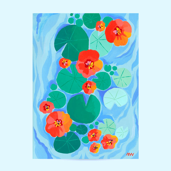 Tirage d'art Nénuphares, illustration peinte à la main de feuilles de nénuphar et de fleurs orange sur l'eau bleue