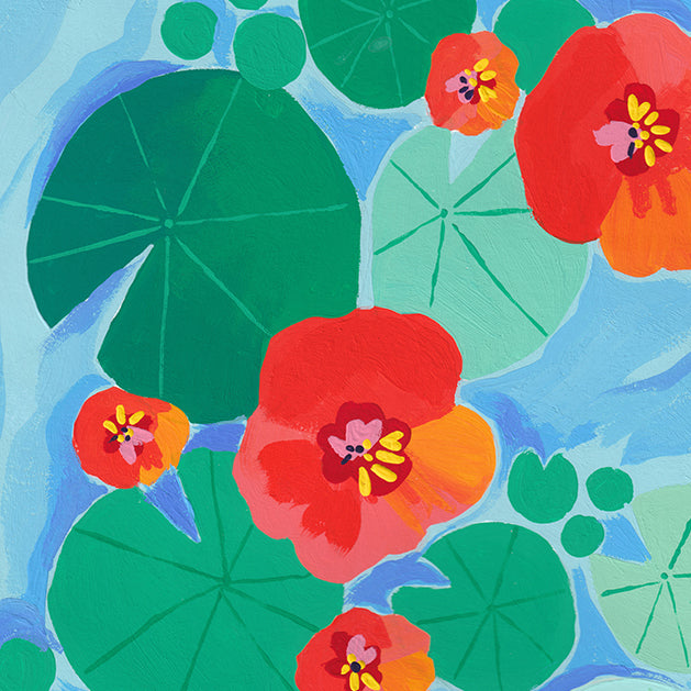 Détail du tirage d'art Nénuphares : feuilles vert profond et fleurs orange sur l'eau bleue