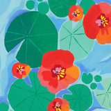 Détail du tirage d'art Nénuphares : feuilles vert profond et fleurs orange sur l'eau bleue