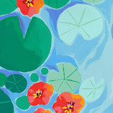 Détail du tirage d'art Nénuphares : feuilles vert d'eau et fleurs corail peintes à l'acrylique