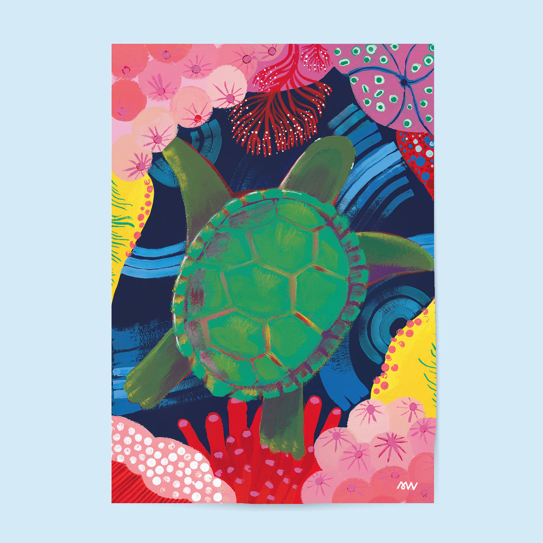 Tirage d'art Tortue, illustration peinte à la main d'une tortue verte parmi les coraux sur fond bleu nuit