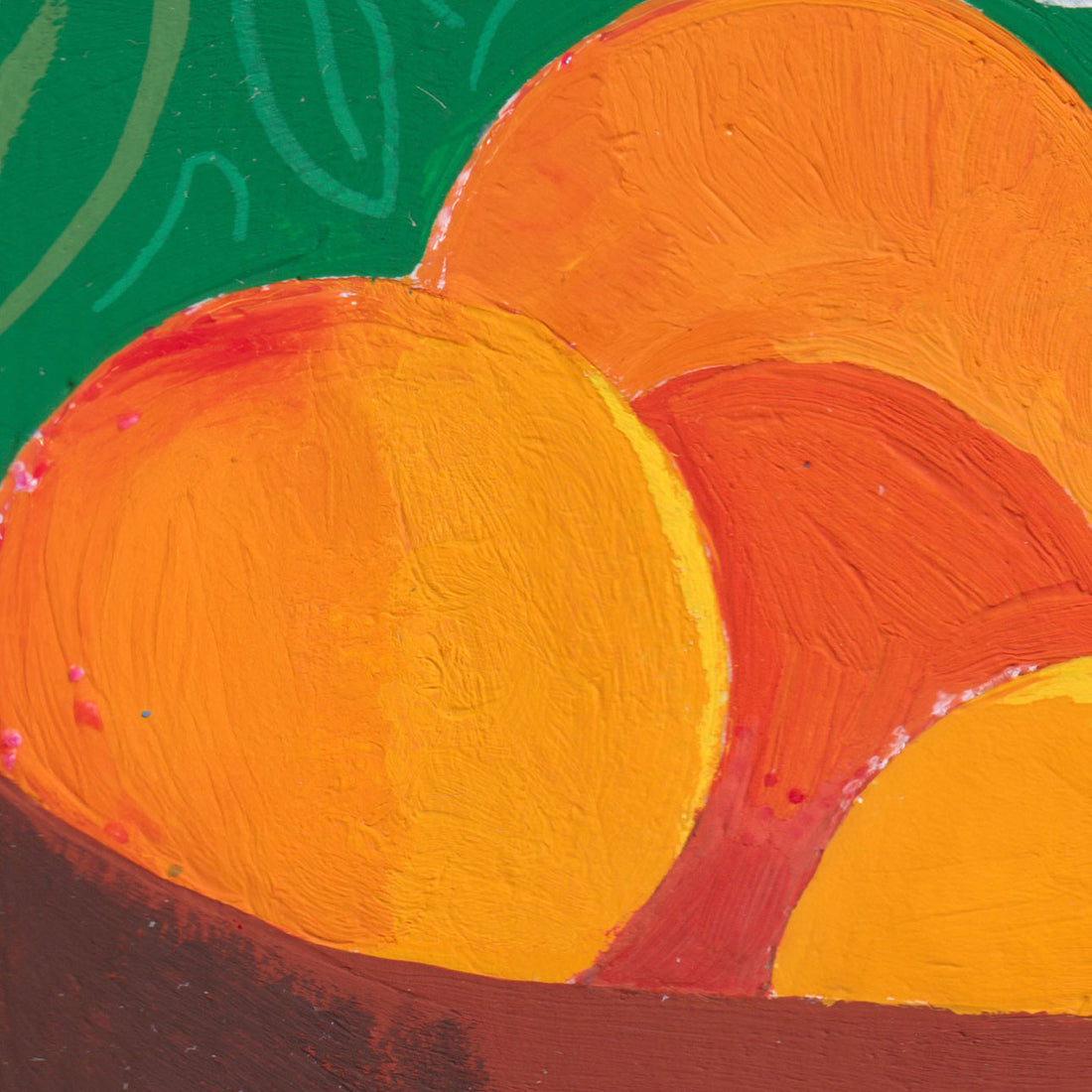 Détail de la carte pliée Coupelle d'Oranges : les oranges empilées dans la coupe terracotta