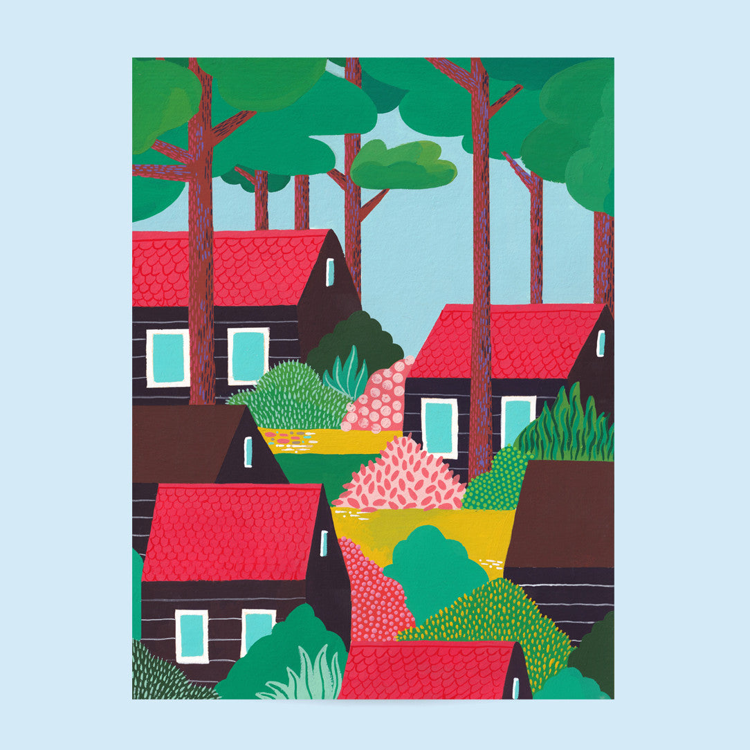 Tirage d'art Cabanes Suspendues, illustration de maisons aux toits rouges nichées entre les troncs de pins