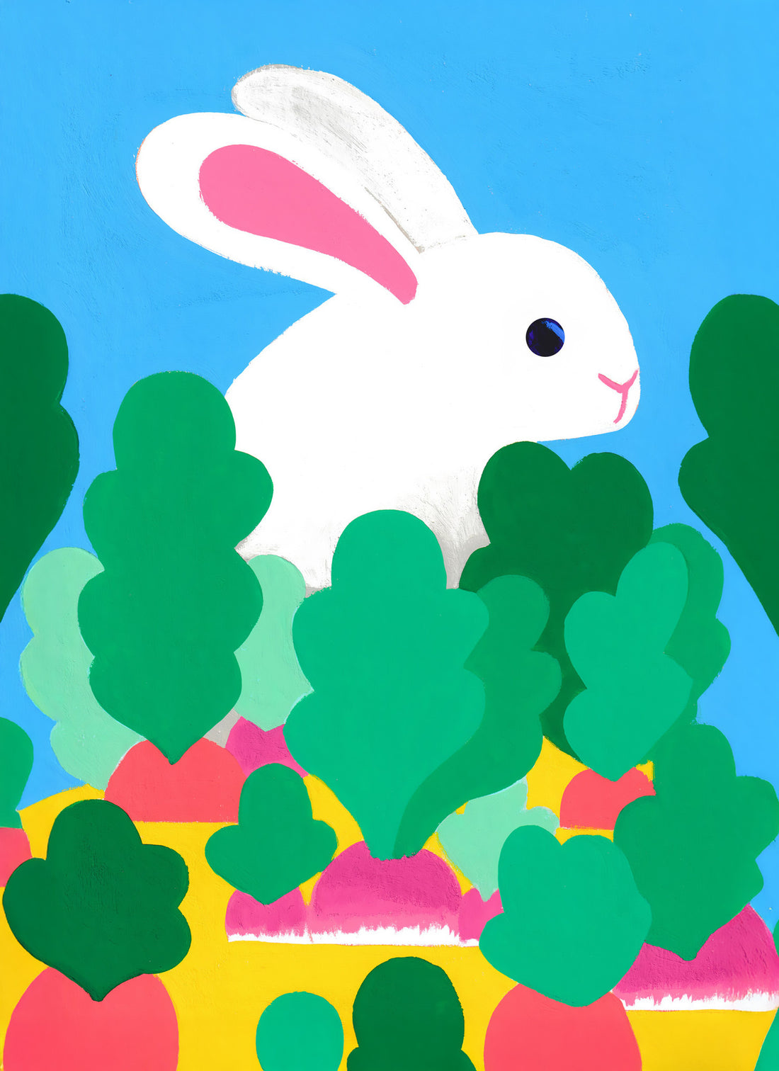 Tirage d'art Jojo le lapin de Pâques, le lapin blanc aux oreilles roses au-dessus d'un massif de buissons fleuris