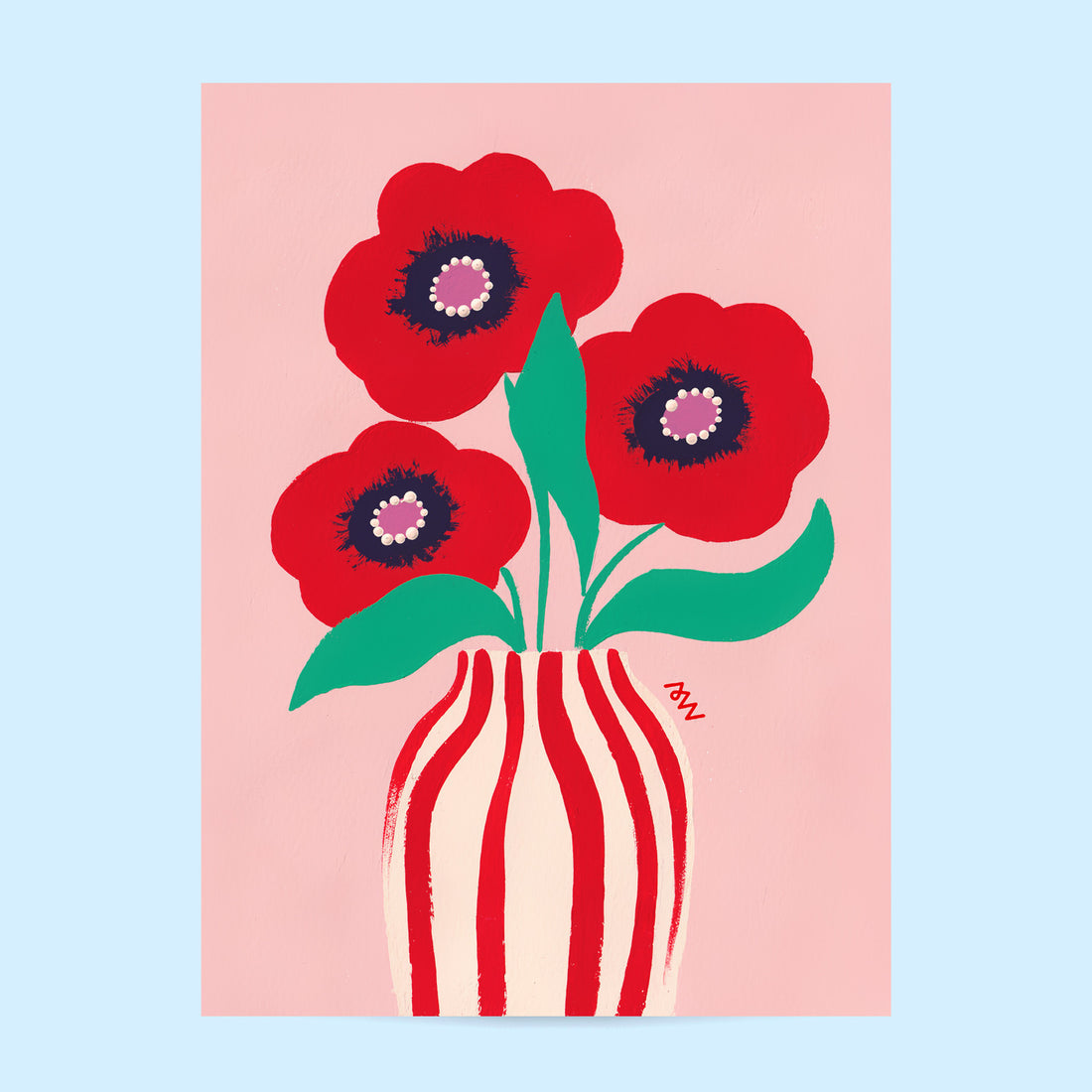 Tirage d'art Le Vase Rayé aux Coquelicots, illustration de trois coquelicots rouges dans un vase rayé, fond rose