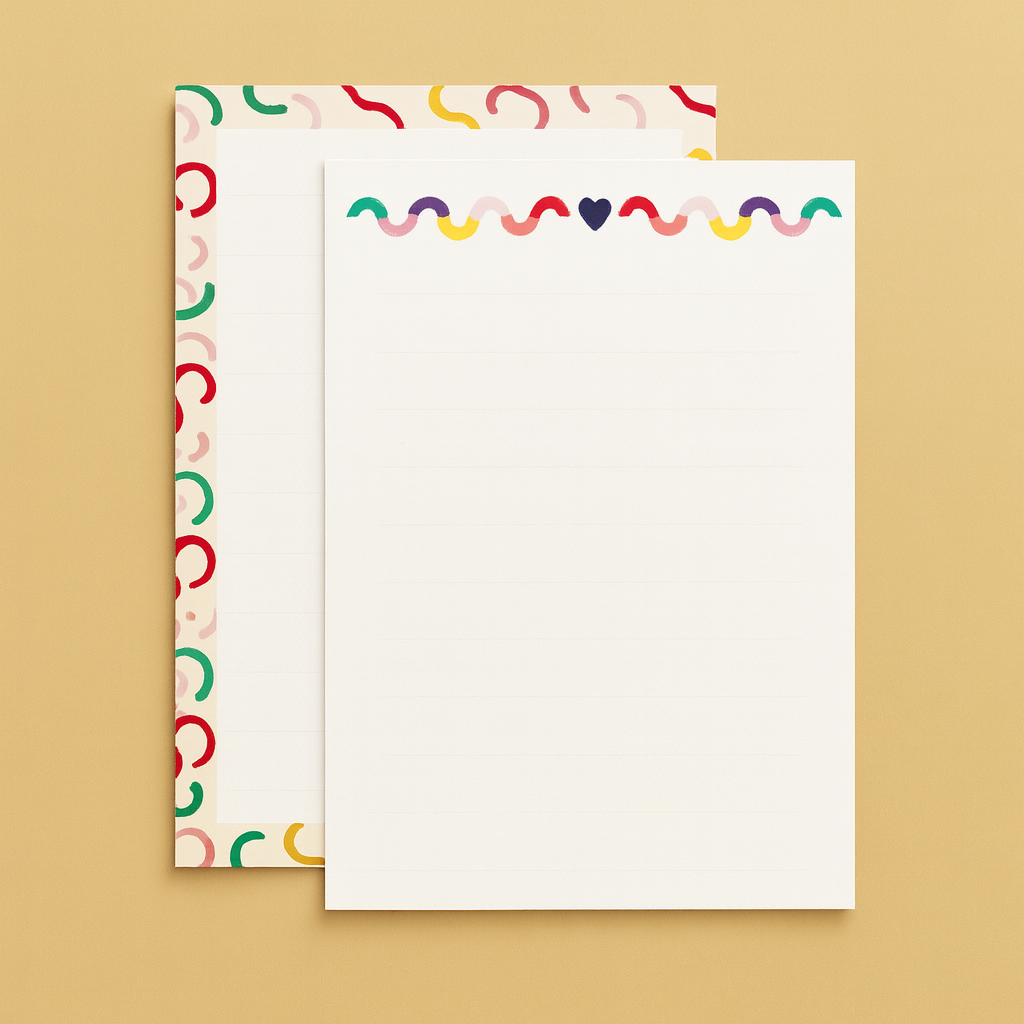 Papier à lettres du coffret papeterie Party, feuille à bandeau de courbes colorées