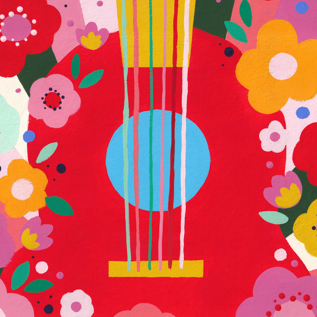 Détail du tirage d'art Guitare Flower Power : la rosace bleue et les cordes au milieu des fleurs