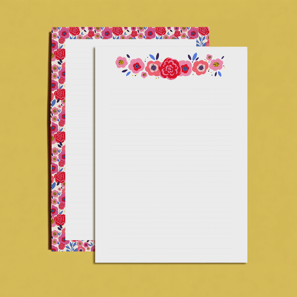 Papier à lettres du coffret papeterie Floral, feuille lignée à bandeau de roses