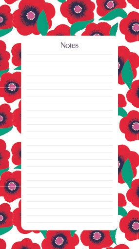 Bloc-notes Coquelicots vu de près, page de notes encadrée d'un semis de coquelicots rouges