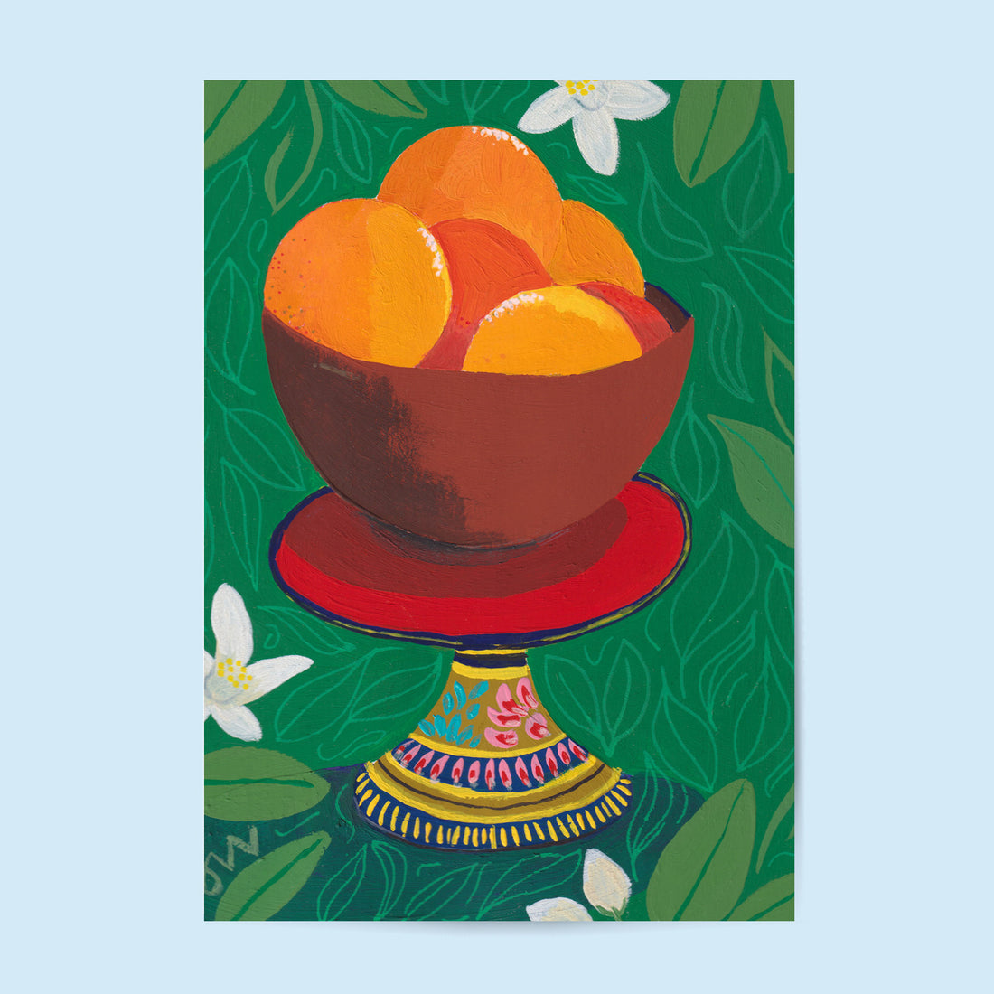 Tirage d'art Coupelle d'orange d'Ibiza, illustration d'oranges dans une coupe sur pied peinte, sur fond de feuillage vert