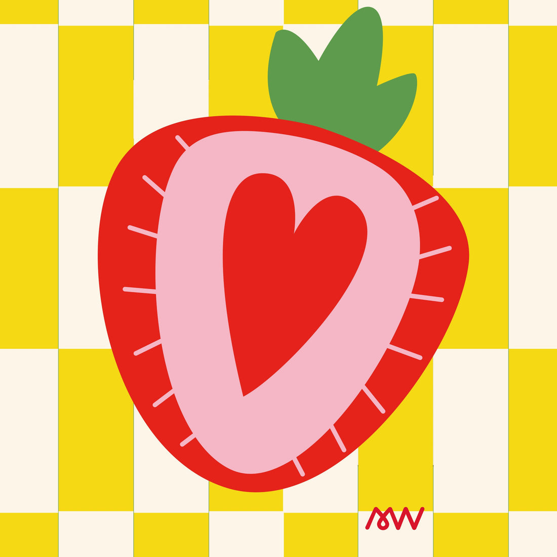 Illustration de la carte pliée Cœur de Fraise et Carreaux : la fraise au cœur rouge sur un damier jaune