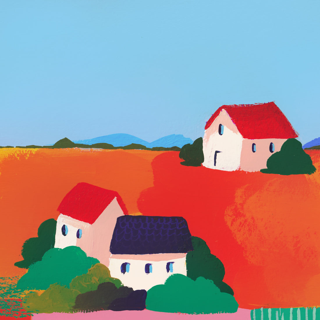 Détail du tirage d'art Les Alluets : les maisons aux toits rouge et bleu posées sur le champ rouge