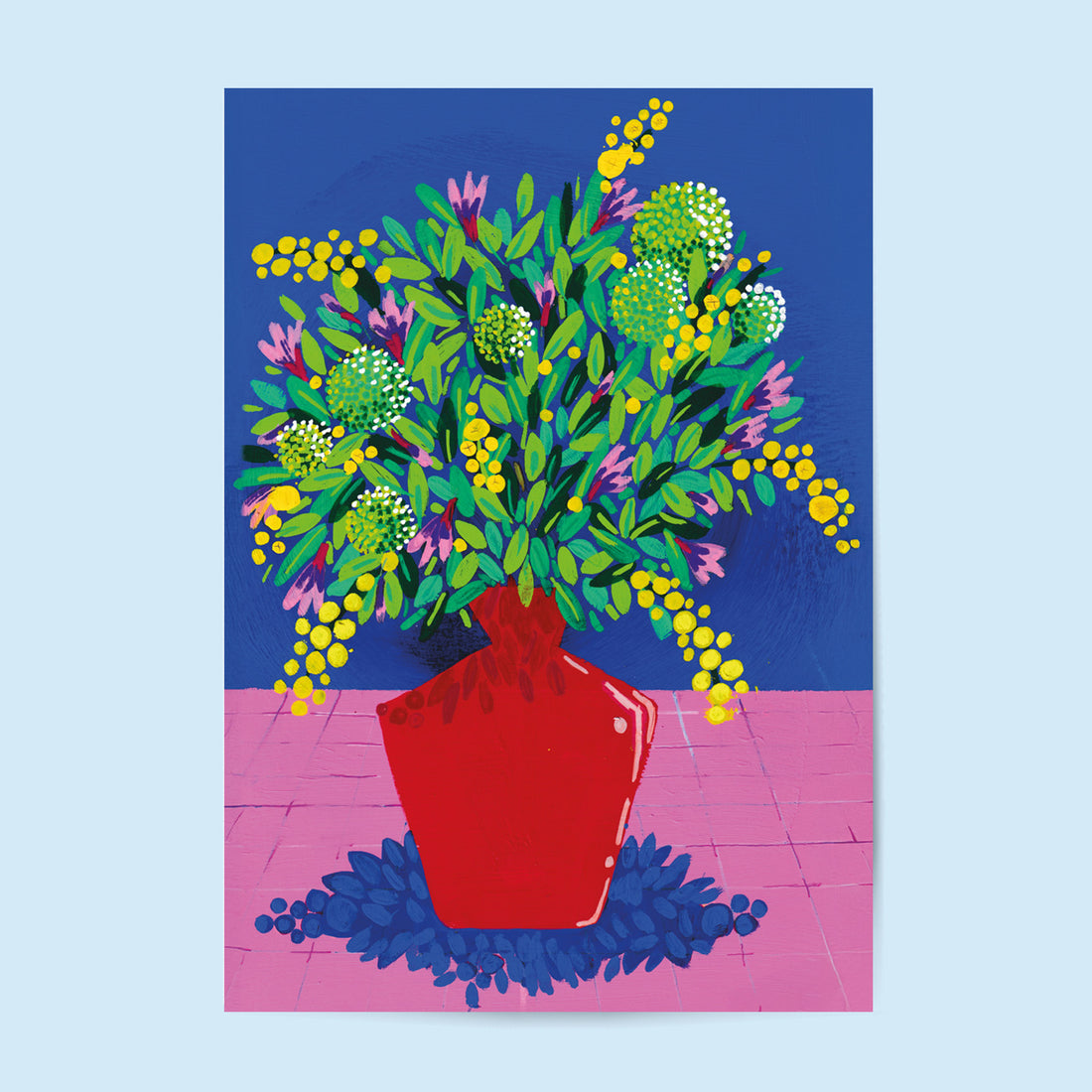 Tirage d'art Mimosa et Vase rouge, illustration d'un bouquet fleuri dans un vase rouge sur fond bleu et table rose
