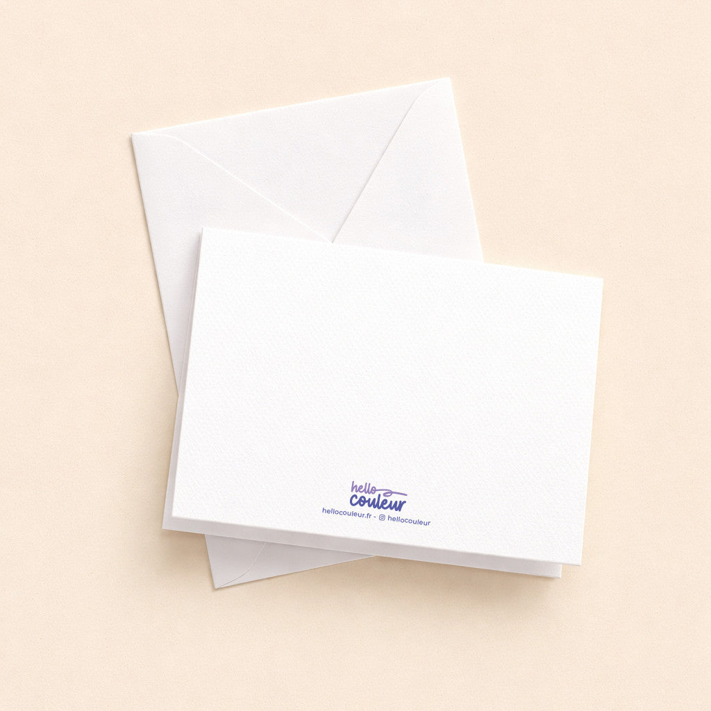 Dos de la mini carte pliée Bonne fête cœur, verso blanc uni signé Hello couleur