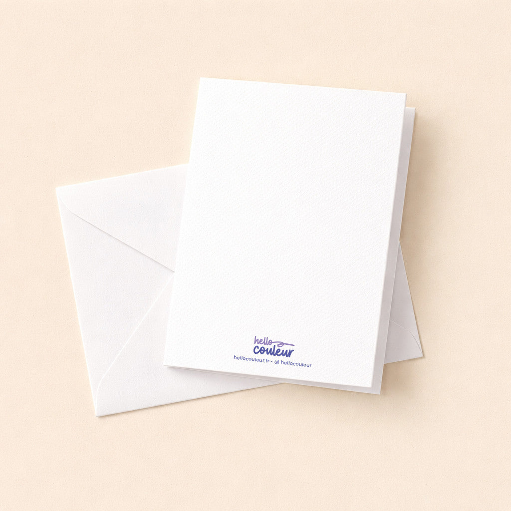 Dos de la mini carte pliée Sincères condoléances, verso blanc uni signé Hello couleur